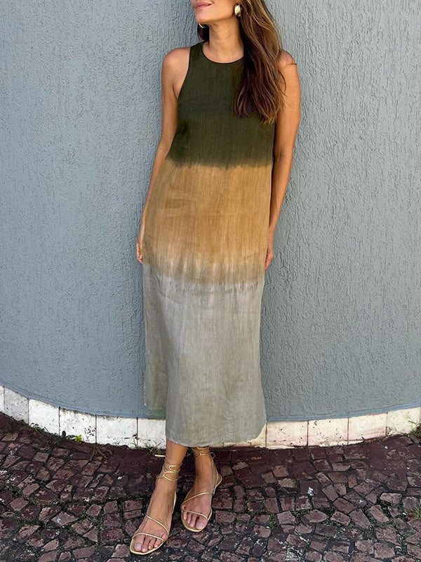 💕Women's Casual Cotton And Linen Sleeveless Slit Gradient Tie-dye Long Dress