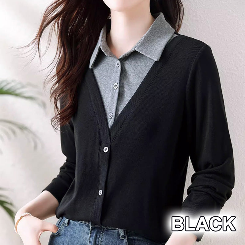 💝Two Free Shipping🔥- Women's Lapel Cozy Fake Two Piece Set Long Sleeve Top