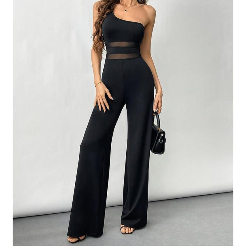 👯 LIMITED TIME 50% OFF! ✨ One-Shoulder Mesh Panel Wide-Leg Jumpsuit – Sculpting, Elegant, Alluring 💃|Free Shipping📦