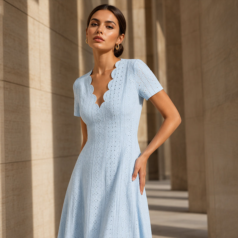 💖LAST DAY SALE ONLY £13.99!! 👗Top Pick - V-Neck Eyelet Dress with Scallop Trim – Lightweight & Romantic for Garden Parties or Brunch 🌿