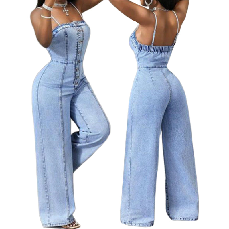 ๐ 2026 Sale โ Over 35โฏ600 Sold!๐ Women Spaghetti Strap Wide Leg Denim Jumpsuit