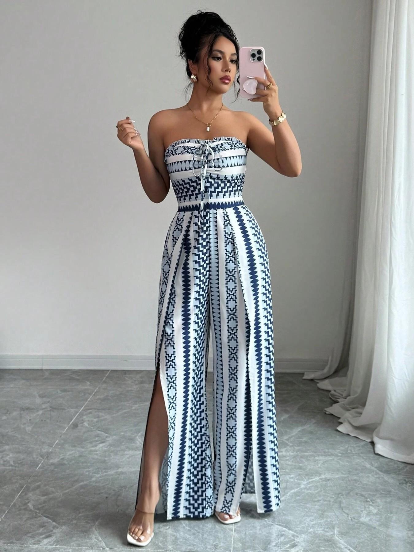 👗 47% OFF NOW! 💥 Geometric Jumpsuit with Halter Neckline & Side Slit – Unique print & elastic back – Versatile, perfect for summer parties or resort wear ✨