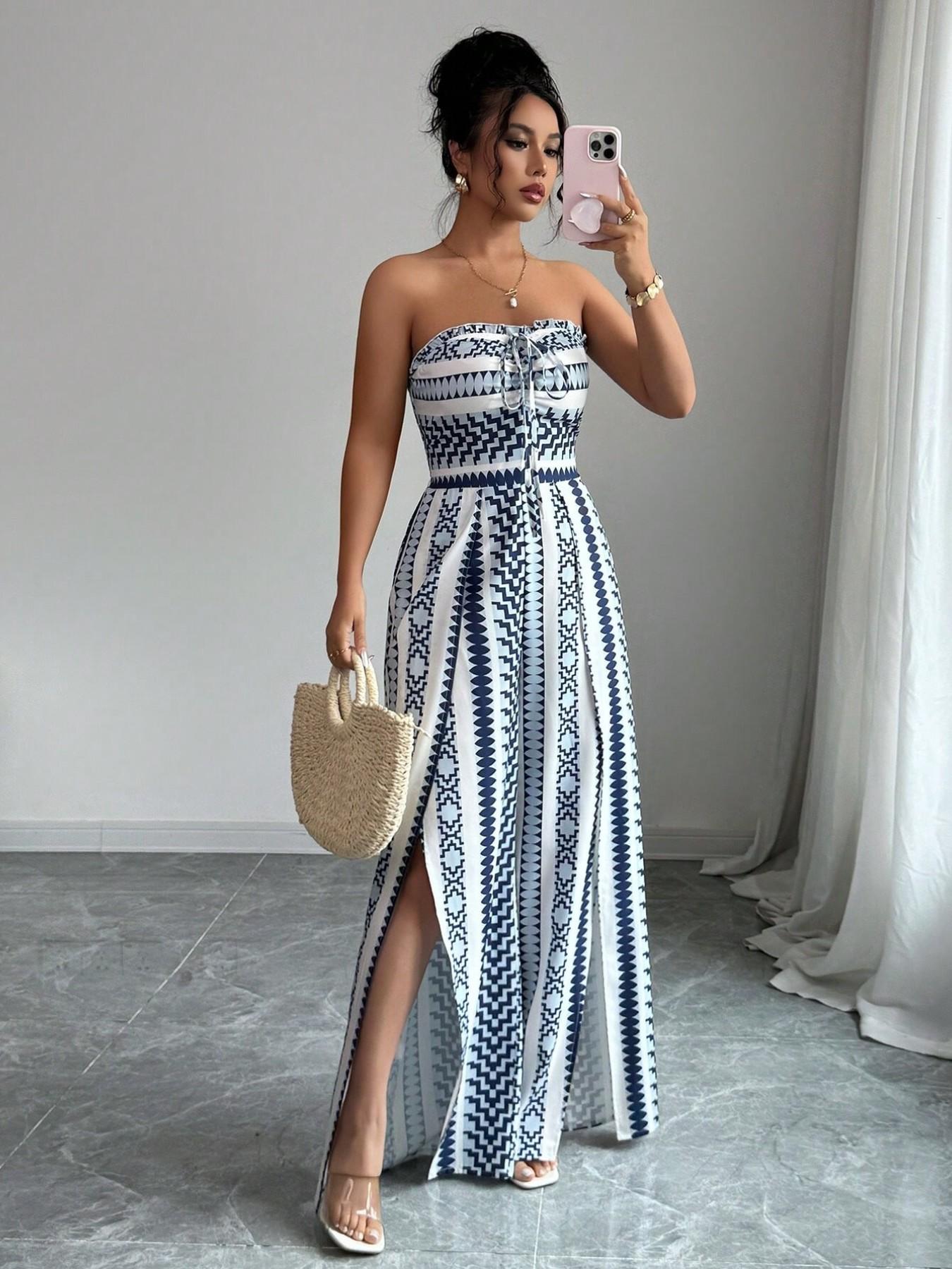 👗 47% OFF NOW! 💥 Geometric Jumpsuit with Halter Neckline & Side Slit – Unique print & elastic back – Versatile, perfect for summer parties or resort wear ✨