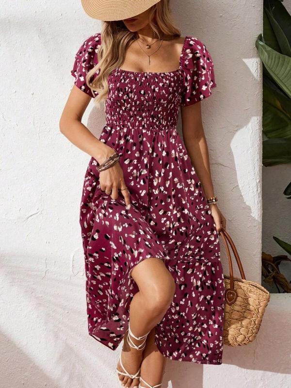 🌈2026 Summer Hot Sale 51% OFF!✨Square Neck Floral Midi Dress – Smocked Bodice, Flowy Tiered Skirt🌸1