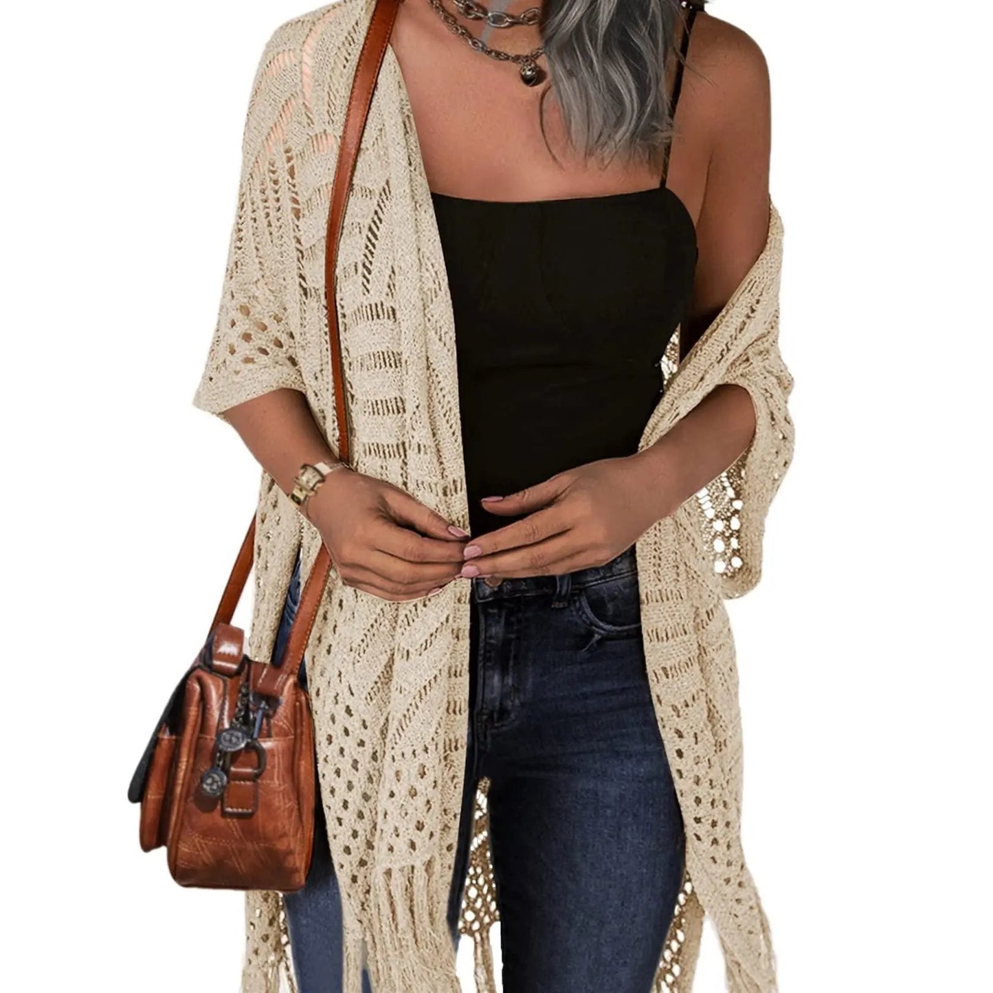 🔥 Limited-Time Offer😍Women’s Oversized Knit Cardigan – Lightweight Crochet Tassel Kimono for Spring & Summer 🌸