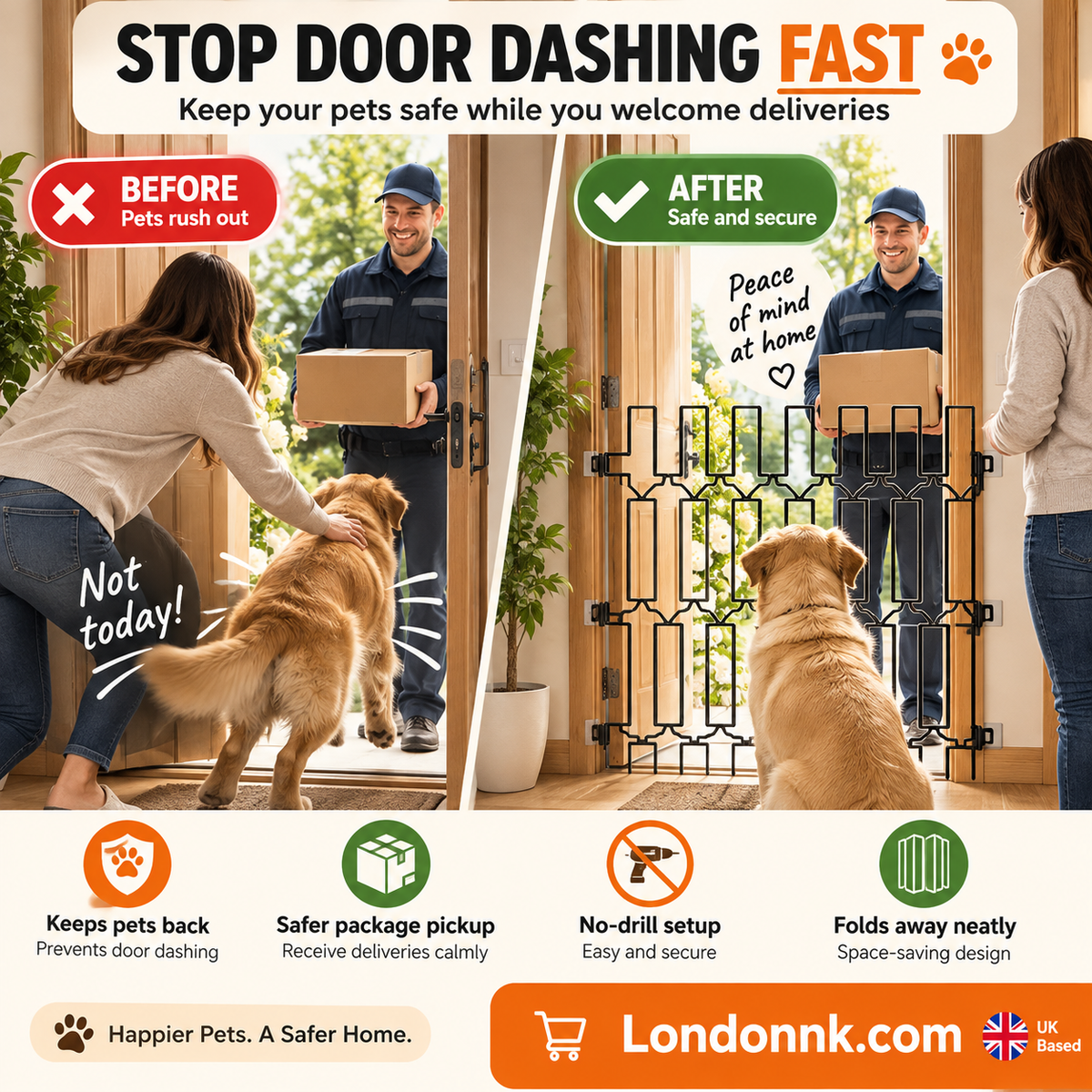 🥳2026 BESTSELLER🥾 Pet Gate – Expandable Metal, No-Drill Setup – Folds Away Neatly – Durable for Daily Use – Ideal for Entryways & Hallways! 🛡️💨