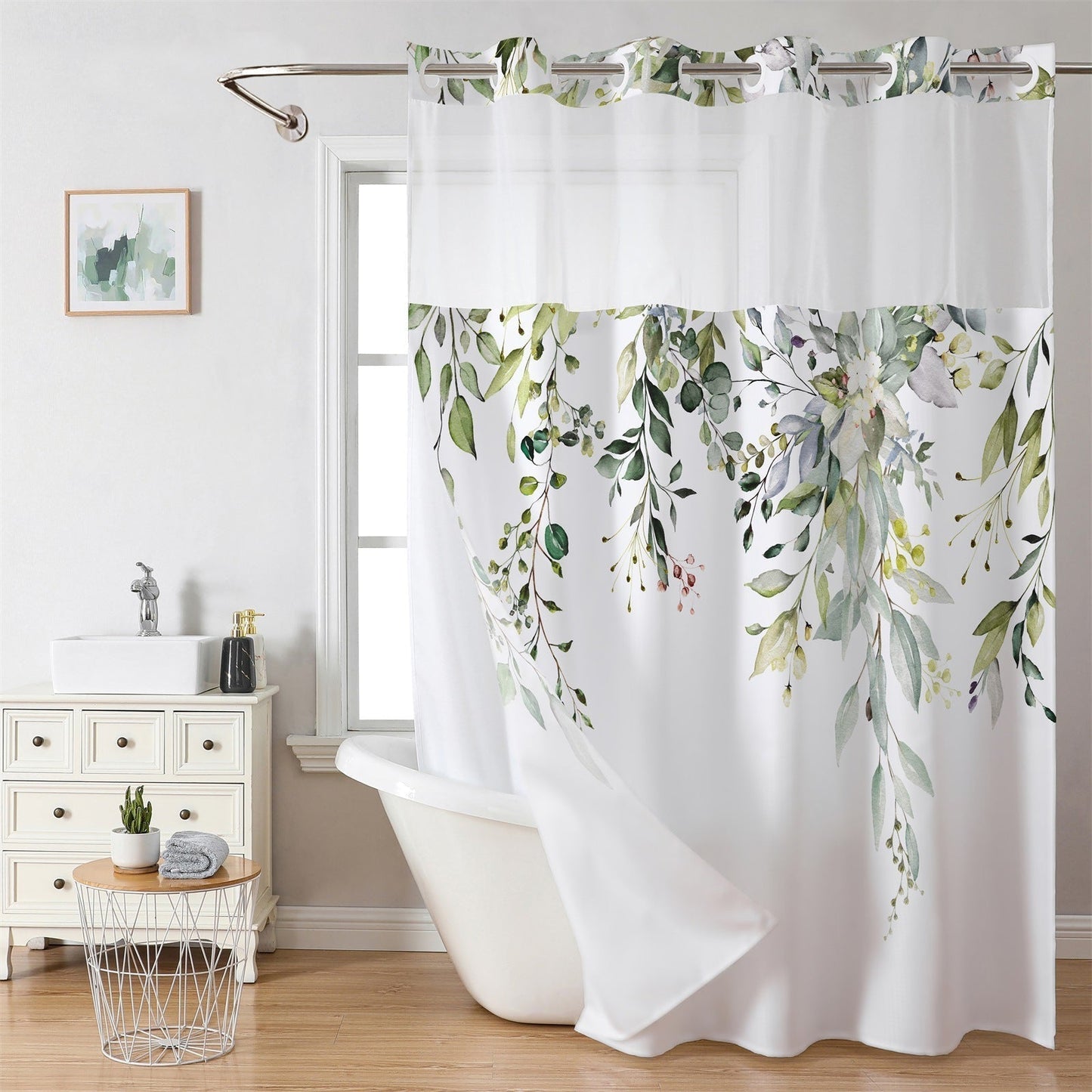 Grey No Hook Shower Curtain with Snap in Liner