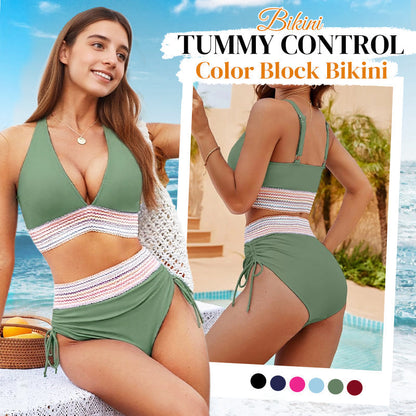 🔥Last Day Sales - Just ￡13.99😍👙High Waisted Tummy Control Color Block Bikini Sets