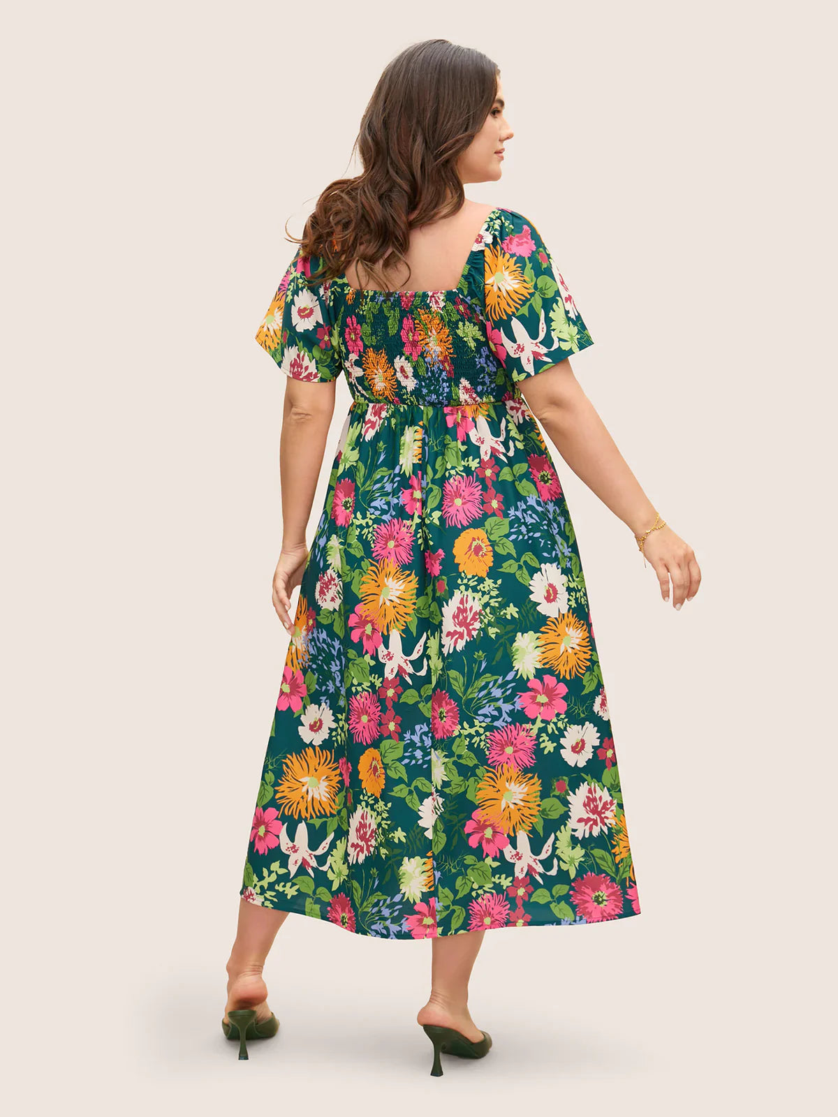 ⏰Summer Hot Sale 52% OFF💃Floral Smocked Square Neck Midi Dress with Pockets