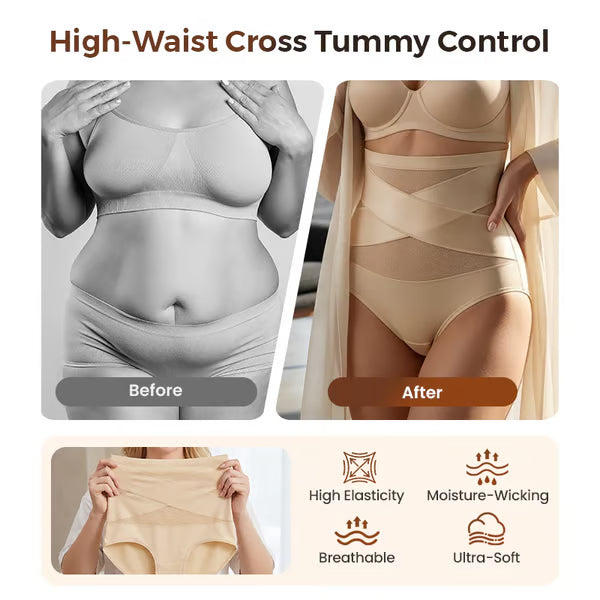 🌸  Special Price £6.49（each） ! 🔥Buy 1 Get 1 Free🎁Plus-Size High-Waist Cross Tummy Control Panties