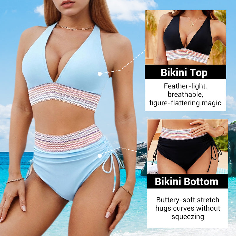 🔥Last Day Sales - Just ￡13.99😍👙High Waisted Tummy Control Color Block Bikini Sets