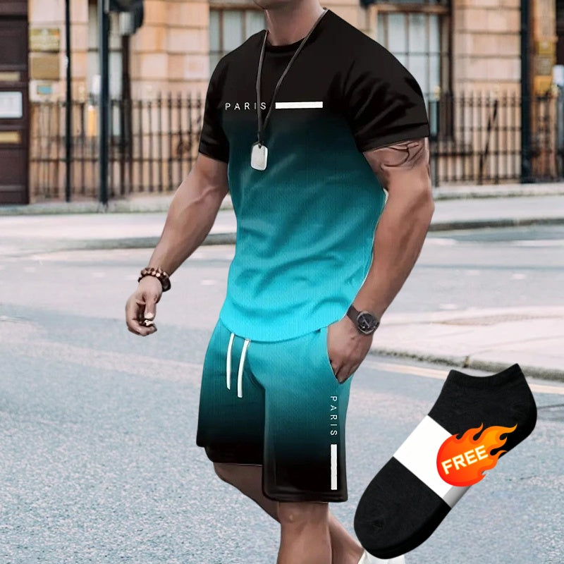 🏖️Summer Cool Deal:😎Men's Gradient Color T-Shirt & Shorts Set