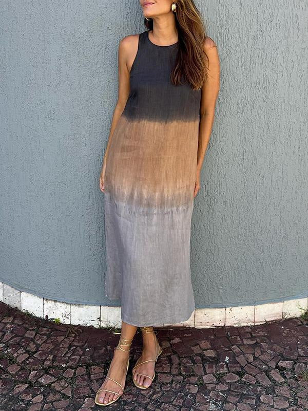 💕Women's Casual Cotton And Linen Sleeveless Slit Gradient Tie-dye Long Dress
