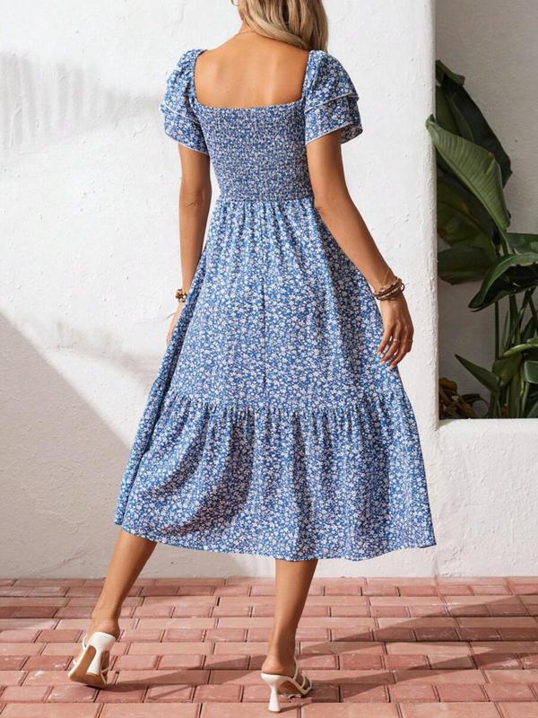 🌈2026 Summer Hot Sale 51% OFF!✨Square Neck Floral Midi Dress – Smocked Bodice, Flowy Tiered Skirt🌸1