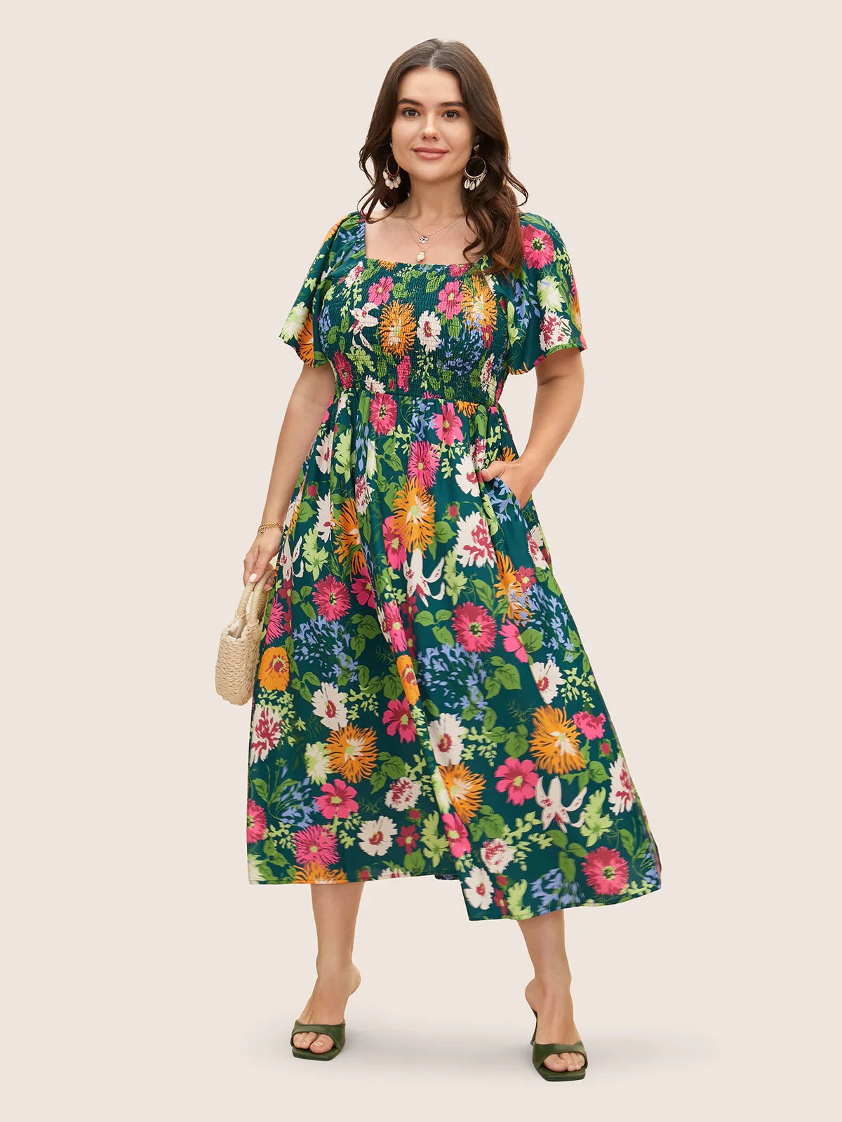 ⏰Summer Hot Sale 52% OFF💃Floral Smocked Square Neck Midi Dress with Pockets