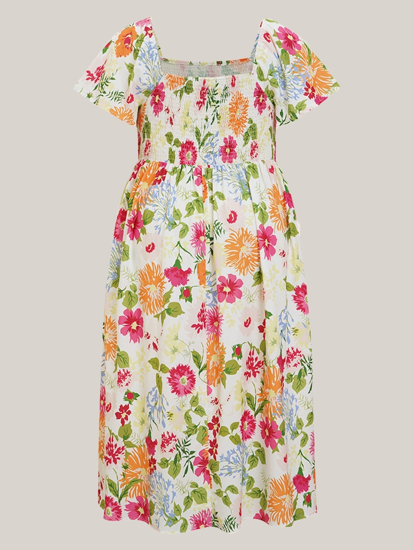 ⏰Summer Hot Sale 52% OFF💃Floral Smocked Square Neck Midi Dress with Pockets