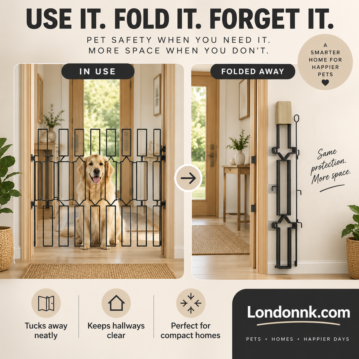 🥳2026 BESTSELLER🥾 Pet Gate – Expandable Metal, No-Drill Setup – Folds Away Neatly – Durable for Daily Use – Ideal for Entryways & Hallways! 🛡️💨