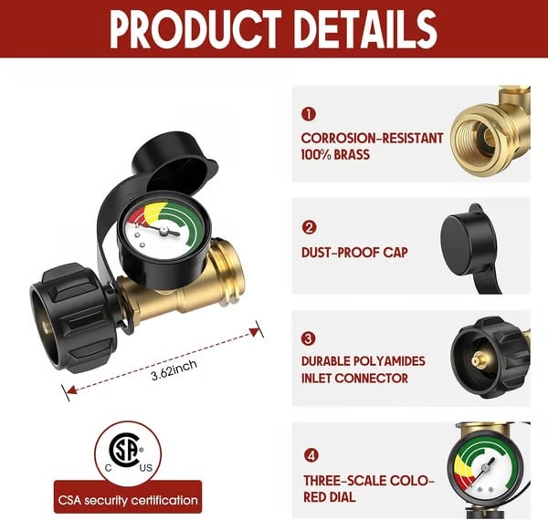 ✨️Universal Propane Tank Gauge for 5-40 Pound LP Tanks | Gas Level Indicator for Grill, Heater, RV Camper, QCC1/Type 1 Connection