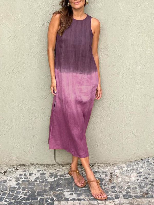 💕Women's Casual Cotton And Linen Sleeveless Slit Gradient Tie-dye Long Dress