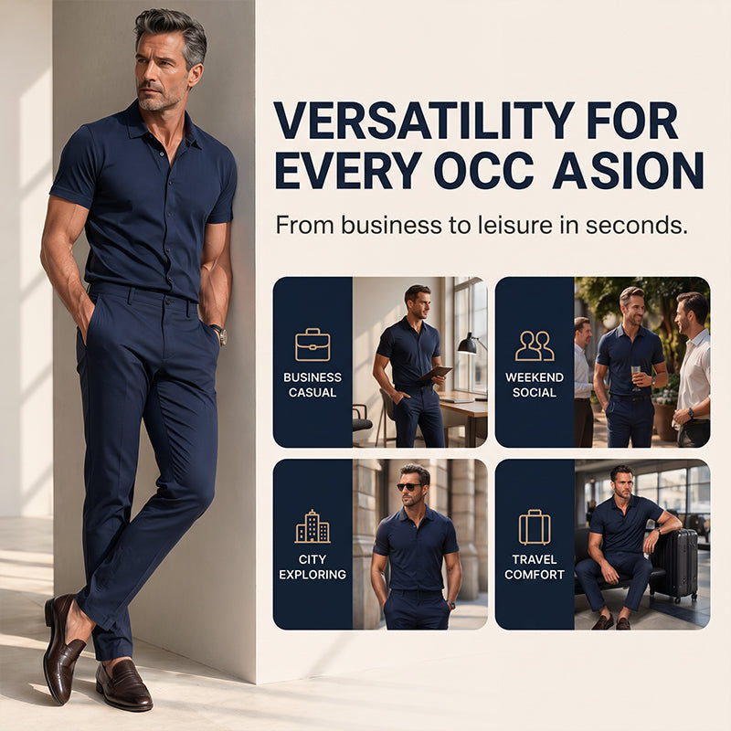 👔58% OFF NOW! 2026 New Arrival Men's Lightweight 2-Piece Casual Suit – Short Sleeve Button Down Shirt & Modern Slim Fit Dress Pants Set, Moisture Wicking Breathable Fabric All-Day Comfort Outfit for Business Daily Vacation