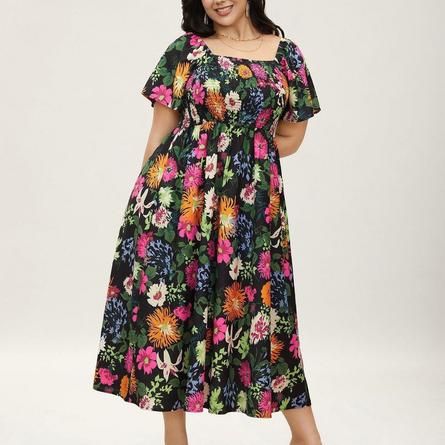 ⏰Summer Hot Sale 52% OFF💃Floral Smocked Square Neck Midi Dress with Pockets