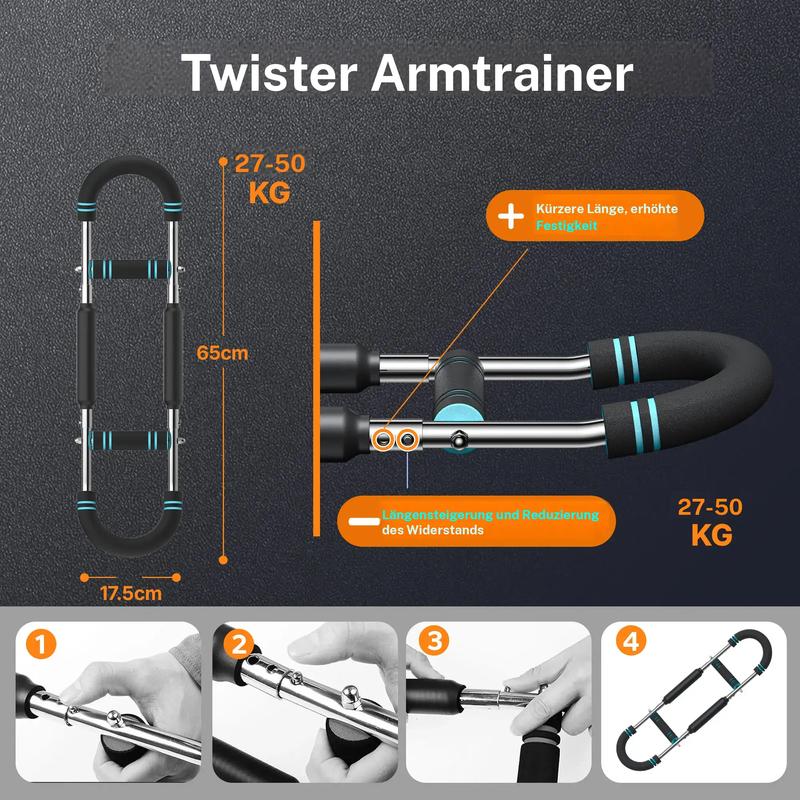 Adjustable weight bar for arm trainers, arm and torso strength training equipment, portable training device for home gyms and fitness