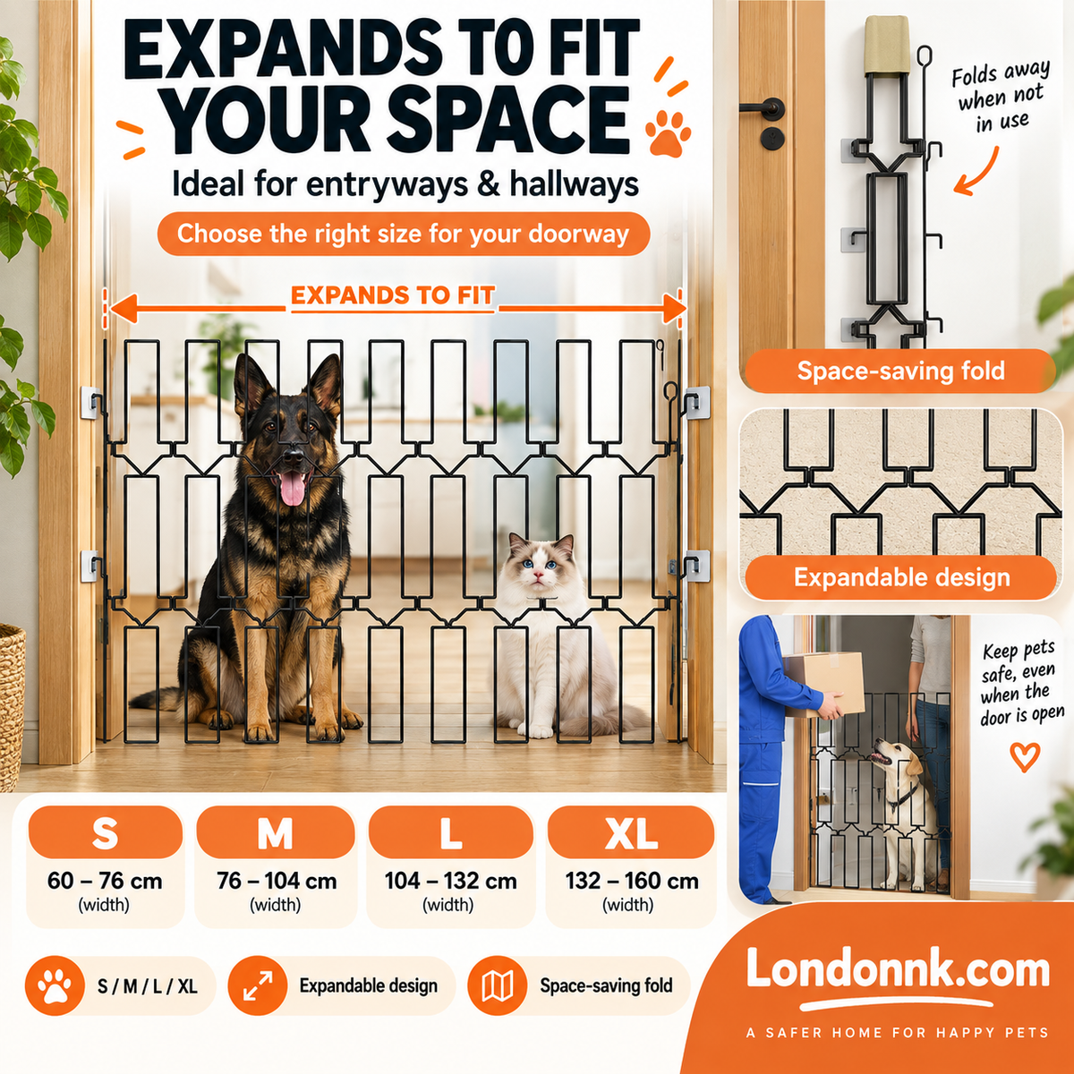 🥳2026 BESTSELLER🥾 Pet Gate – Expandable Metal, No-Drill Setup – Folds Away Neatly – Durable for Daily Use – Ideal for Entryways & Hallways! 🛡️💨