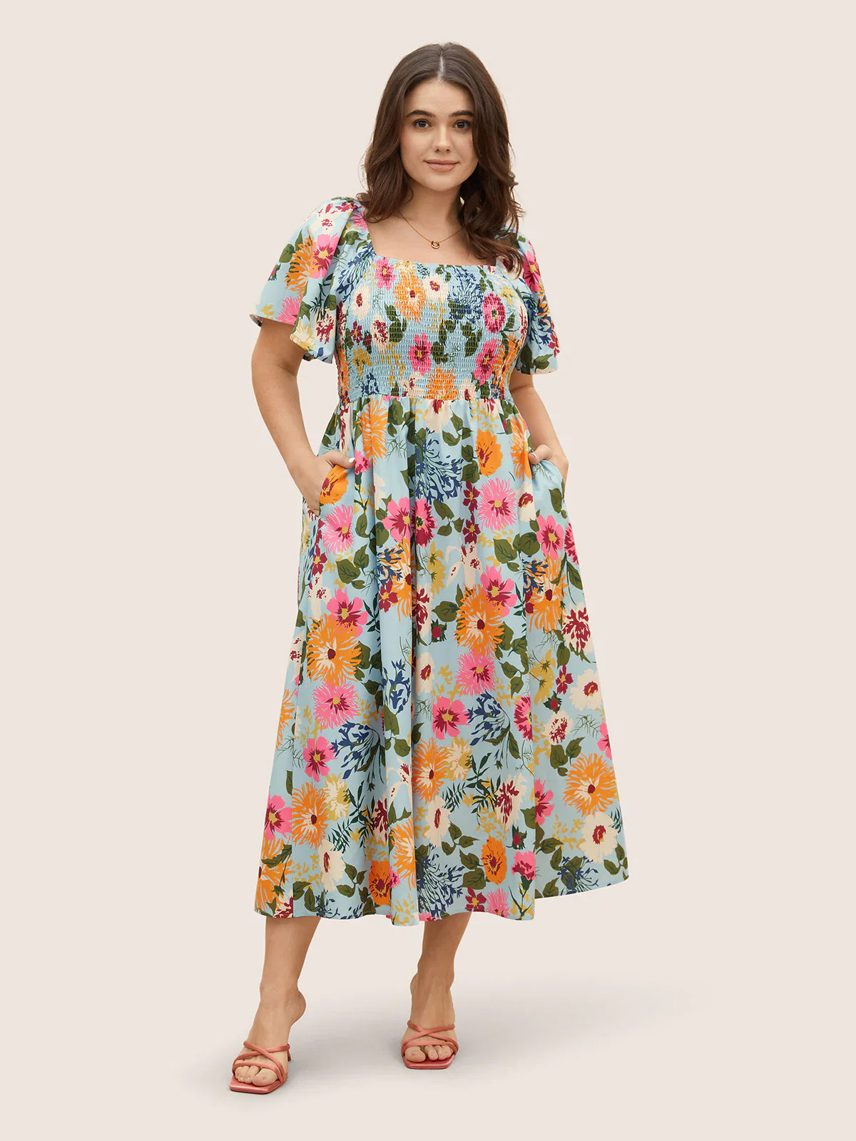 ⏰Summer Hot Sale 52% OFF💃Floral Smocked Square Neck Midi Dress with Pockets