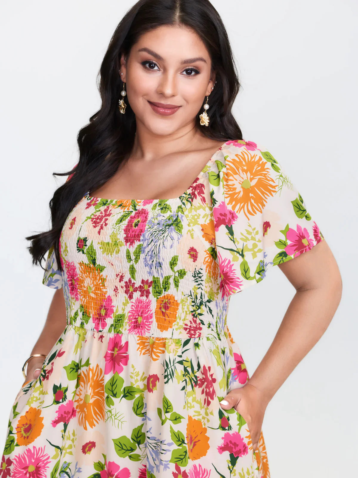 ⏰Summer Hot Sale 52% OFF💃Floral Smocked Square Neck Midi Dress with Pockets