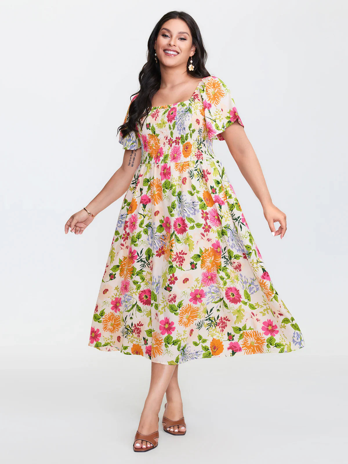 ⏰Summer Hot Sale 52% OFF💃Floral Smocked Square Neck Midi Dress with Pockets