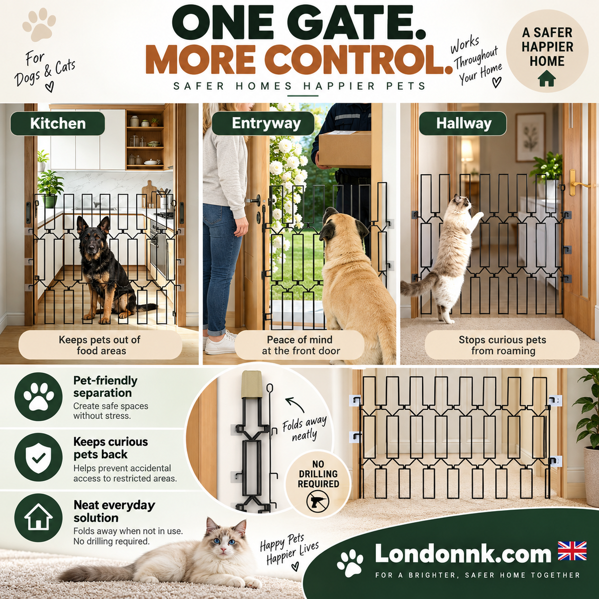 🥳2026 BESTSELLER🥾 Pet Gate – Expandable Metal, No-Drill Setup – Folds Away Neatly – Durable for Daily Use – Ideal for Entryways & Hallways! 🛡️💨