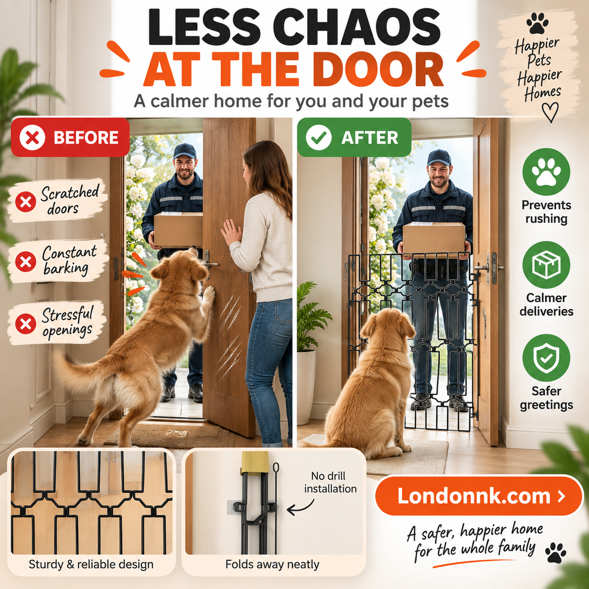 🥳2026 BESTSELLER🥾 Pet Gate – Expandable Metal, No-Drill Setup – Folds Away Neatly – Durable for Daily Use – Ideal for Entryways & Hallways! 🛡️💨