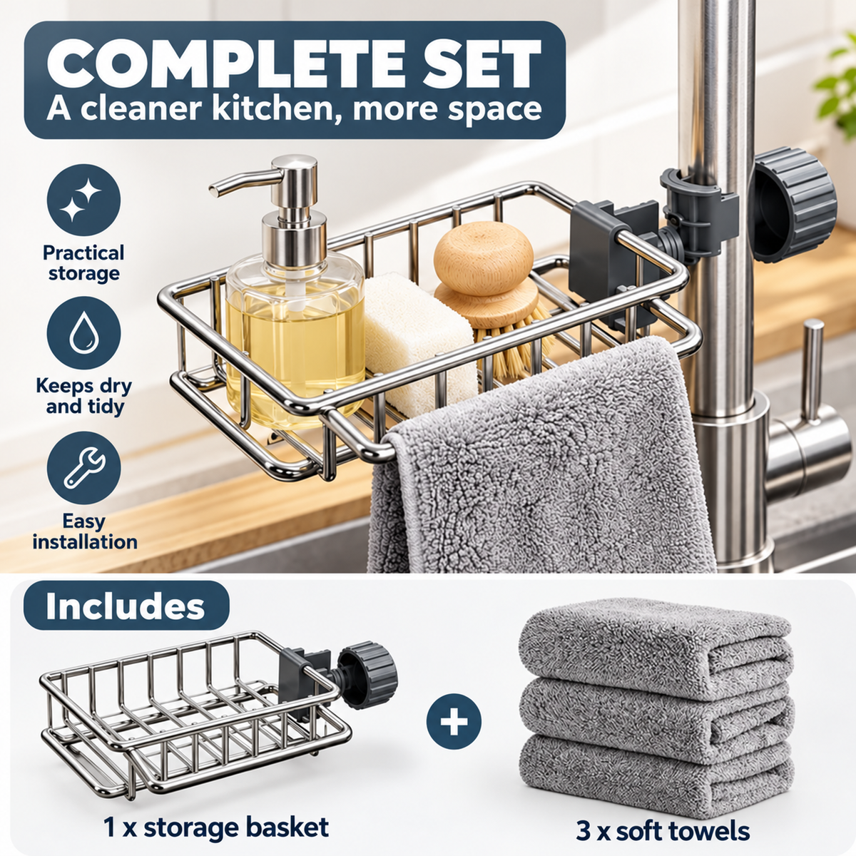 Stainless steel storage rack for the kitchen sink
