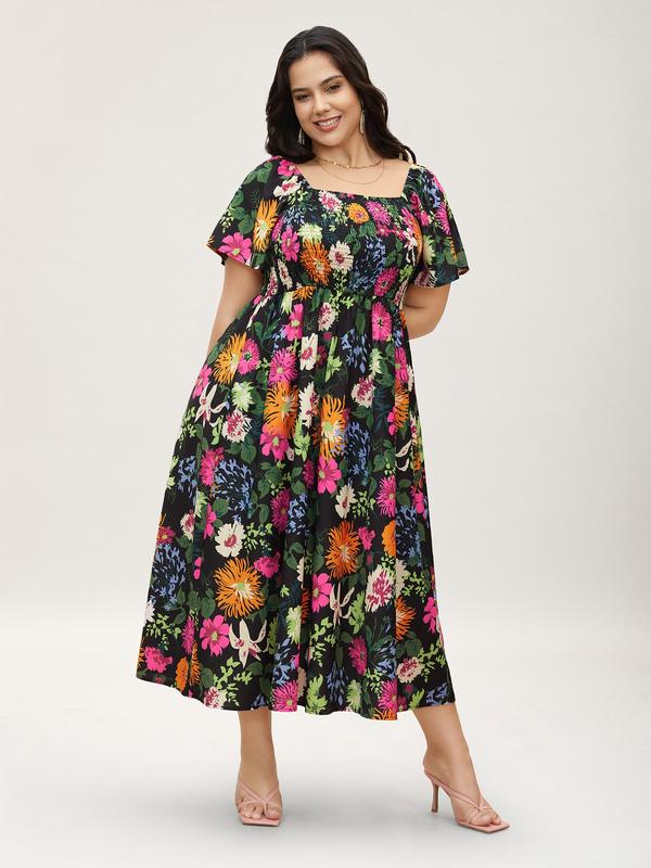 ⏰Summer Hot Sale 52% OFF💃Floral Smocked Square Neck Midi Dress with Pockets