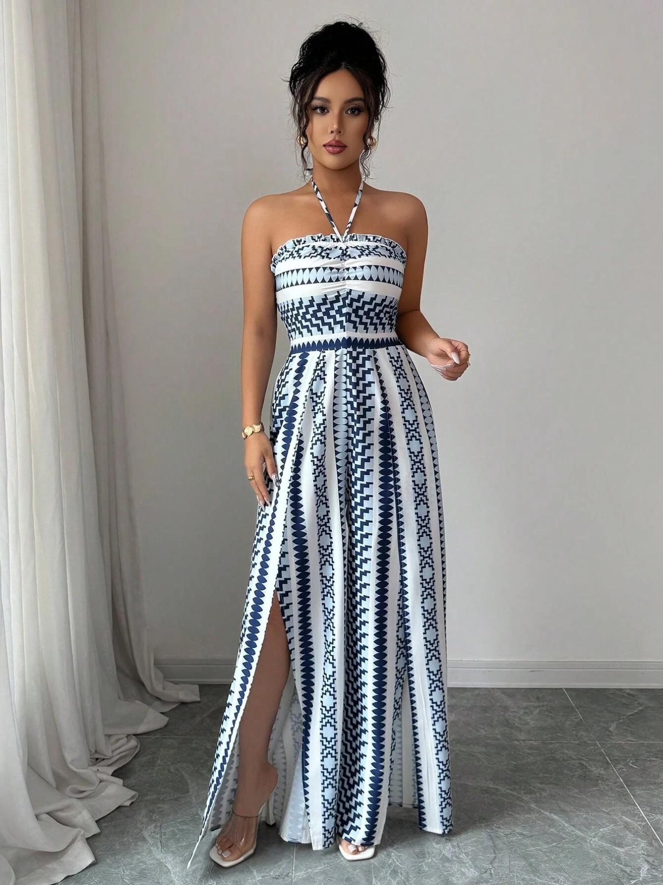 👗 47% OFF NOW! 💥 Geometric Jumpsuit with Halter Neckline & Side Slit – Unique print & elastic back – Versatile, perfect for summer parties or resort wear ✨