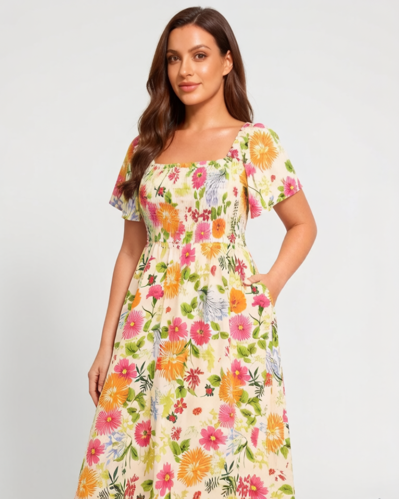 ⏰Summer Hot Sale 52% OFF💃Floral Smocked Square Neck Midi Dress with Pockets