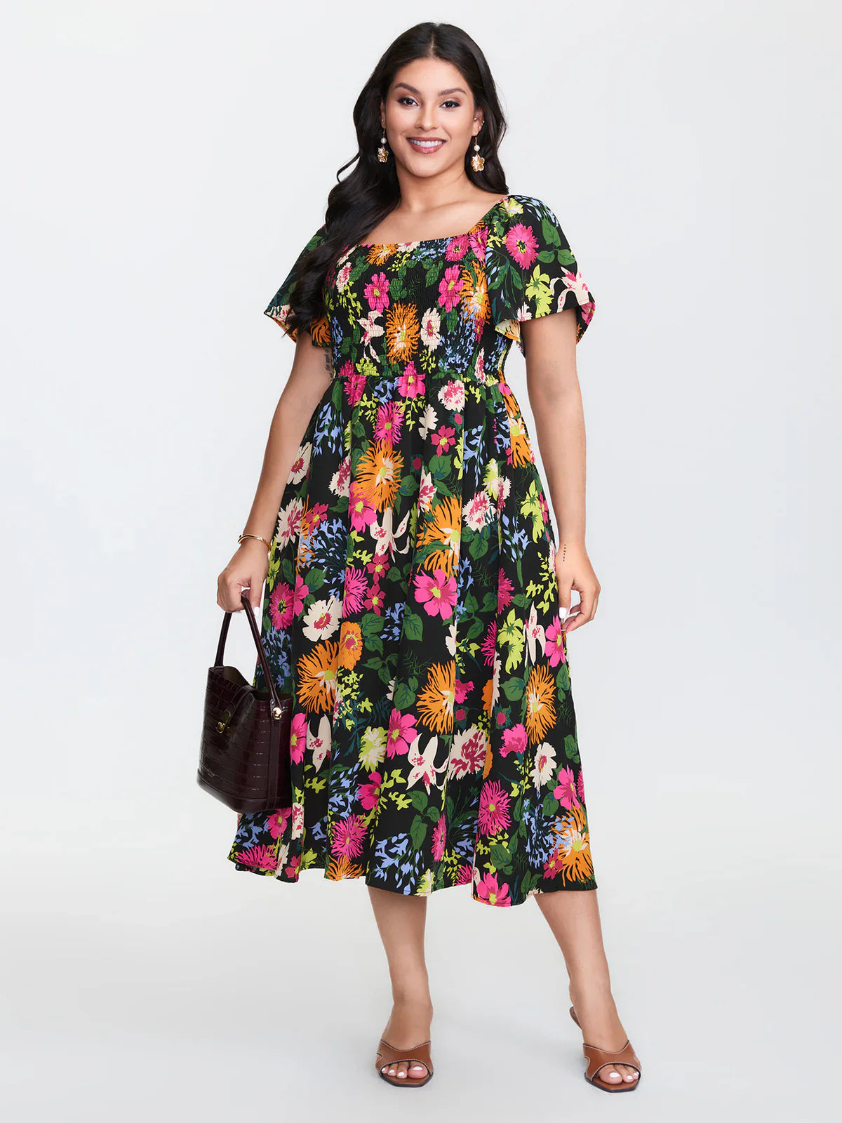⏰Summer Hot Sale 52% OFF💃Floral Smocked Square Neck Midi Dress with Pockets