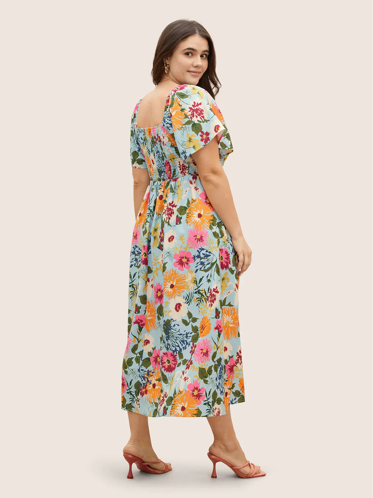 ⏰Summer Hot Sale 52% OFF💃Floral Smocked Square Neck Midi Dress with Pockets