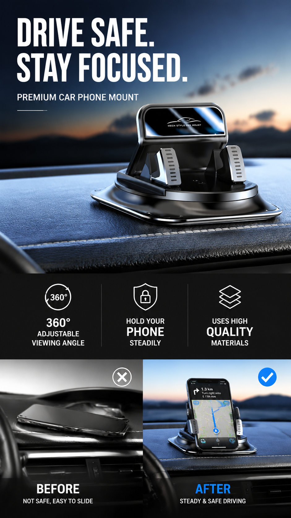 🔥360° Car Phone Holder 🏆 – Rock-Solid Suction, Fits All Phones 🔄