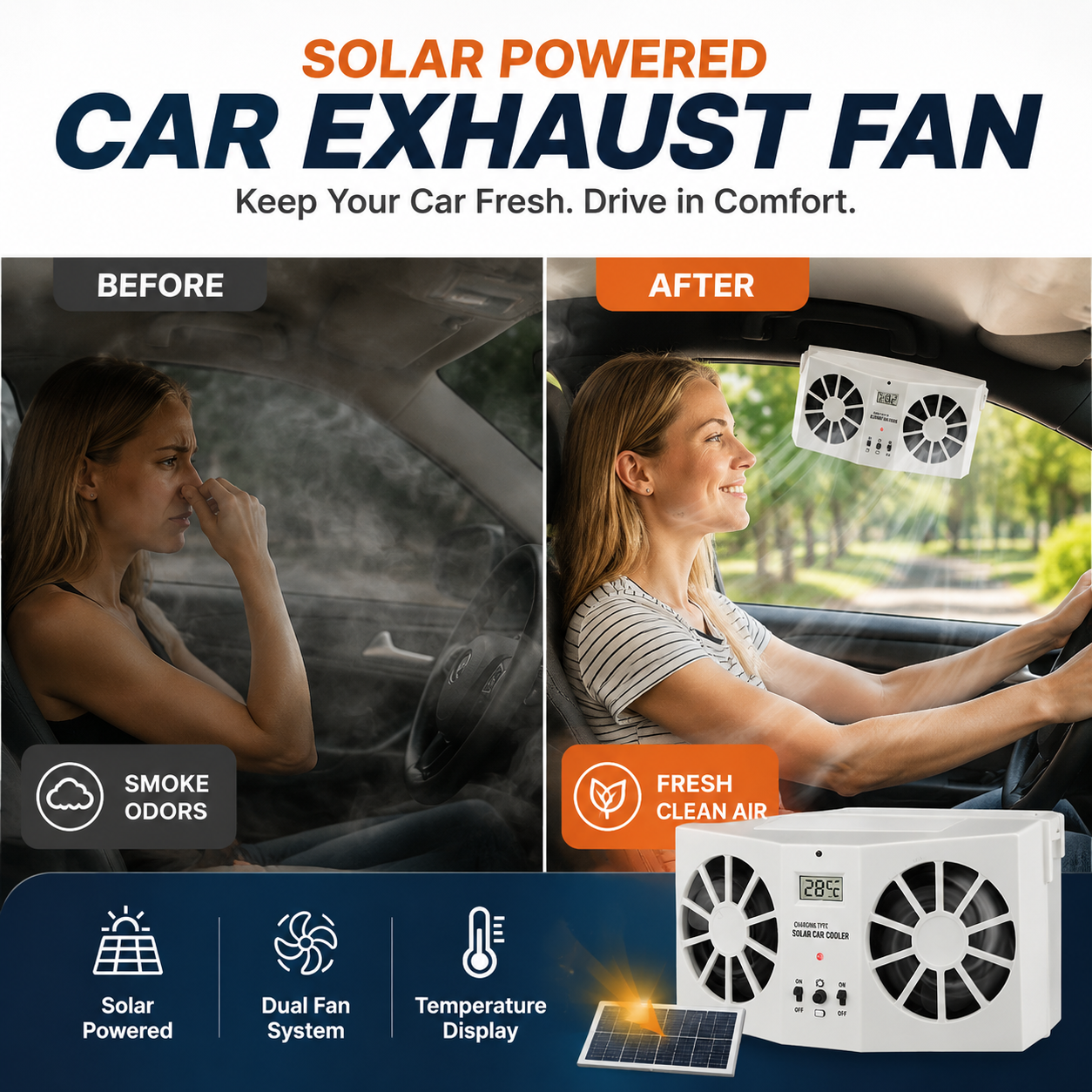🥳2026 HOT SALE🥳💞50K+ SOLD!☀️🚗 50% OFF! Solar Car Exhaust Fan – Dual turbo fans expel hot air fast. Solar‑powered, no wiring. Real‑time temp display. Step into a cool car! 🌬️✨