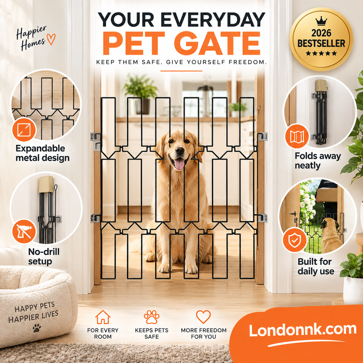 🥳2026 BESTSELLER🥾 Pet Gate – Expandable Metal, No-Drill Setup – Folds Away Neatly – Durable for Daily Use – Ideal for Entryways & Hallways! 🛡️💨