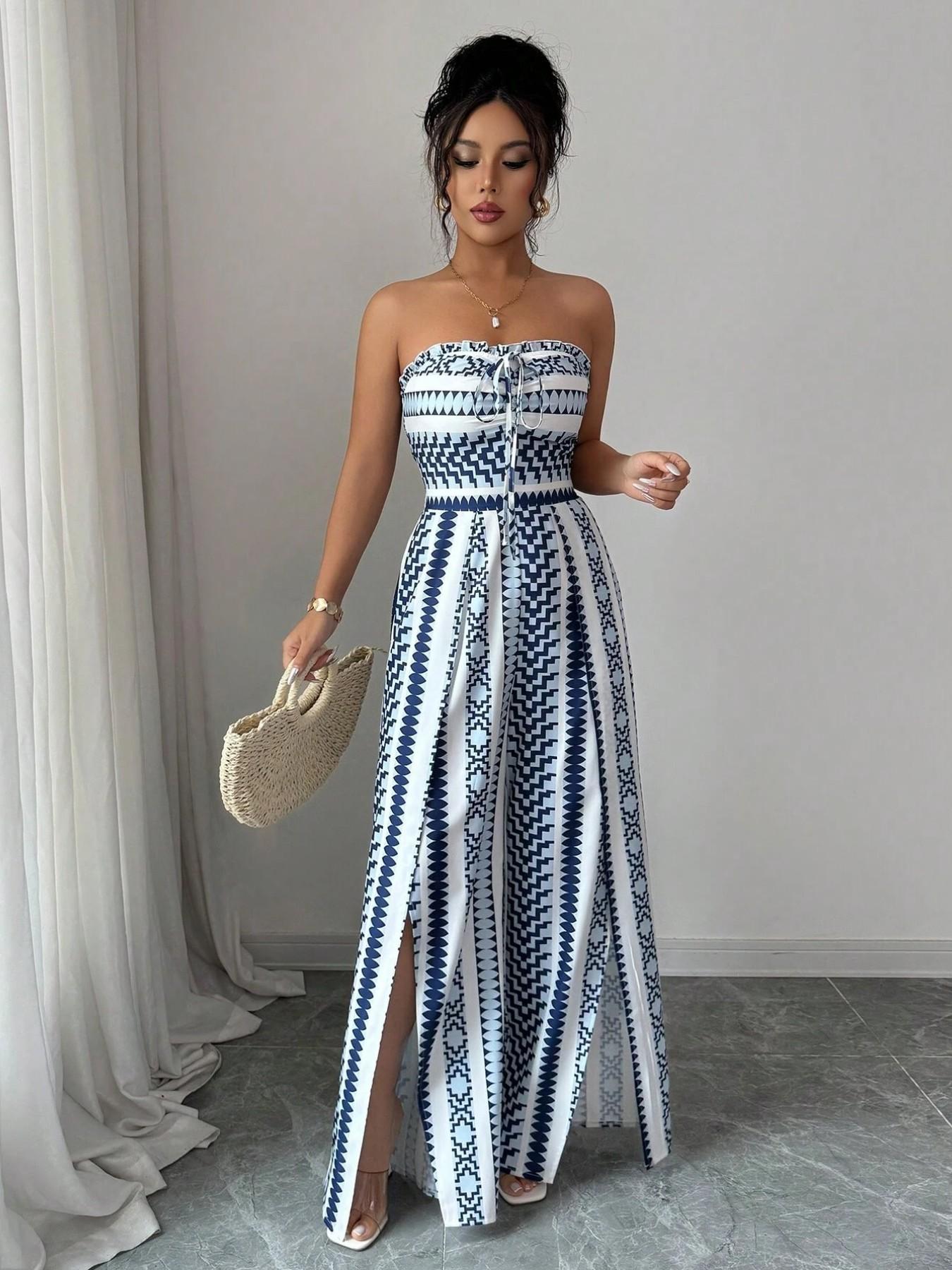 👗 47% OFF NOW! 💥 Geometric Jumpsuit with Halter Neckline & Side Slit – Unique print & elastic back – Versatile, perfect for summer parties or resort wear ✨