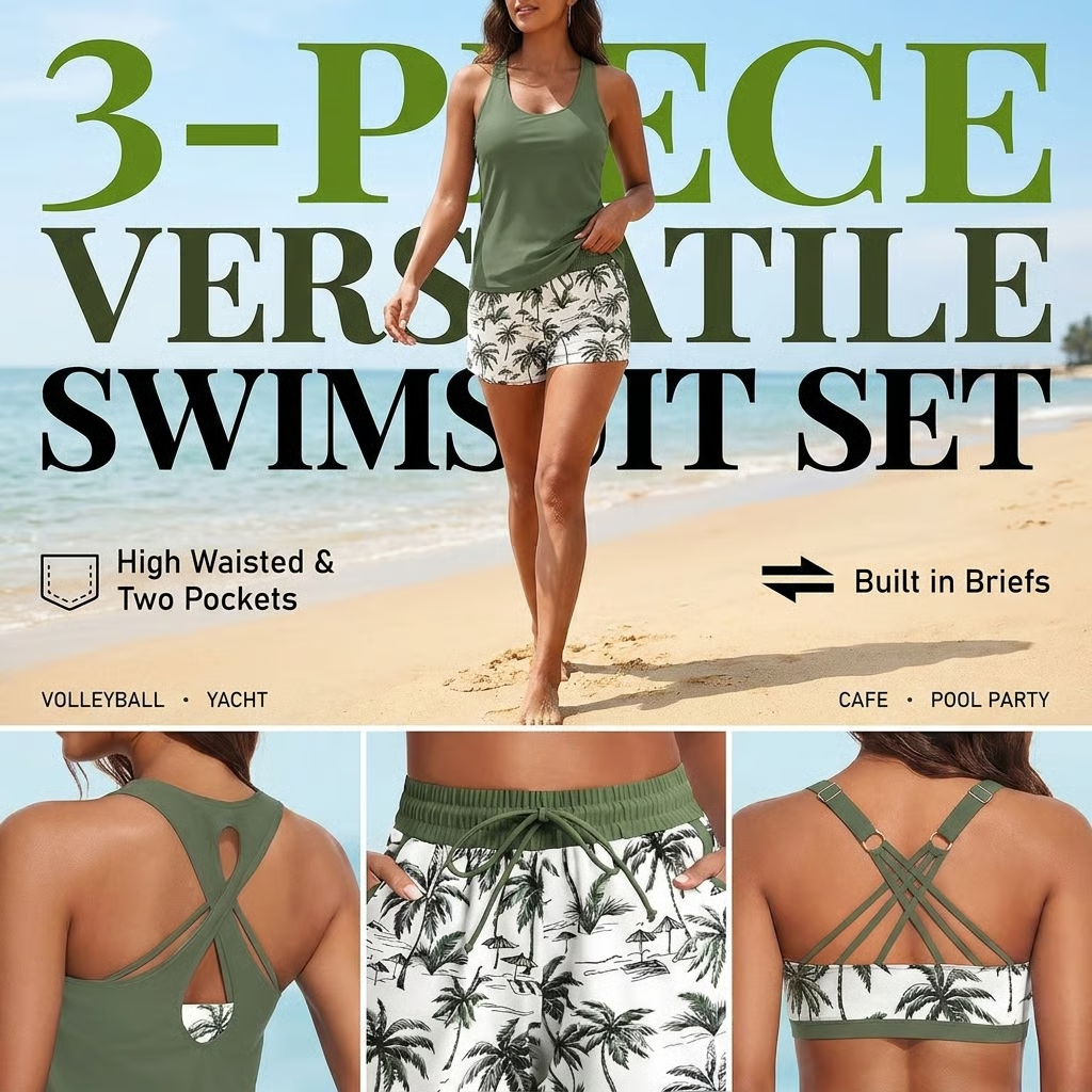 🔥2026 Hot Sale 52% OFF✨⚡ 50K+ SOLD! 🎁Women's 3-Piece Swimsuit Tankini Set with Shorts👙