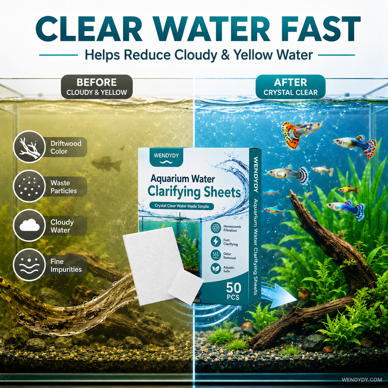 🐠 BUY 1 GET 1 FREE! ✨ AQUARIUM CLARIFYING SHEETS - Crystal Clear Water in 24 Hours, Removes Odors and Impurities, Safe for All Fish and Plants 🌿🔮