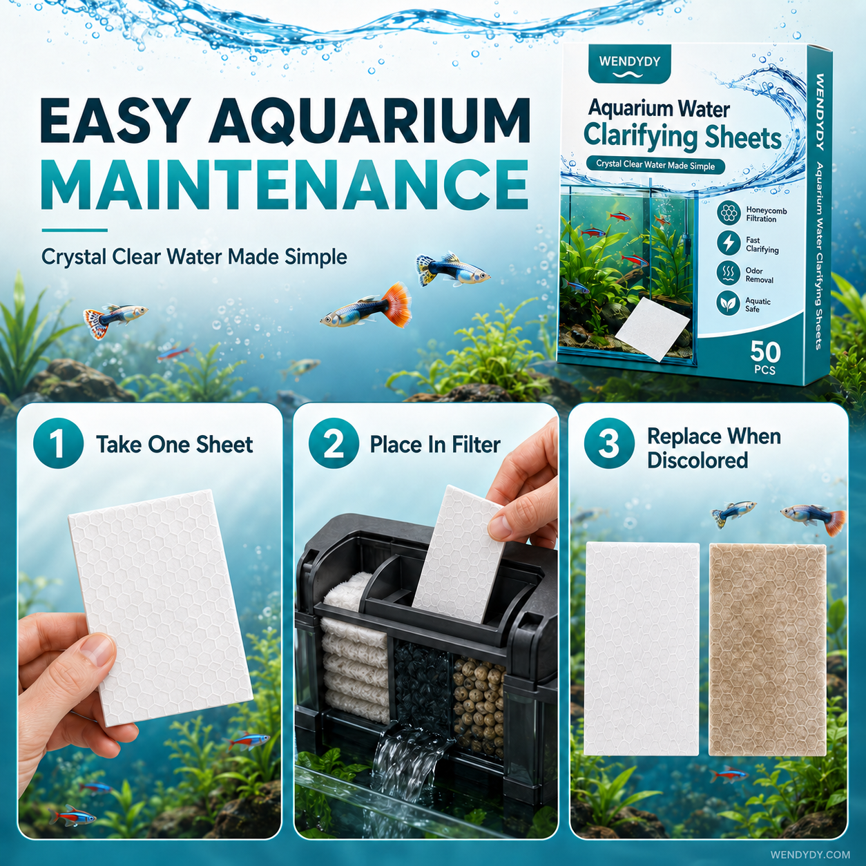 🐠 BUY 1 GET 1 FREE! ✨ AQUARIUM CLARIFYING SHEETS - Crystal Clear Water in 24 Hours, Removes Odors and Impurities, Safe for All Fish and Plants 🌿🔮