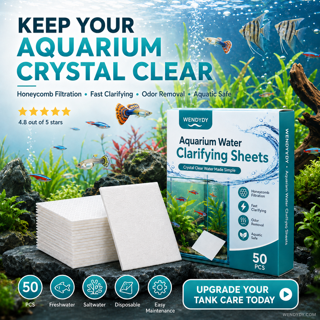 🐠 BUY 1 GET 1 FREE! ✨ AQUARIUM CLARIFYING SHEETS - Crystal Clear Water in 24 Hours, Removes Odors and Impurities, Safe for All Fish and Plants 🌿🔮