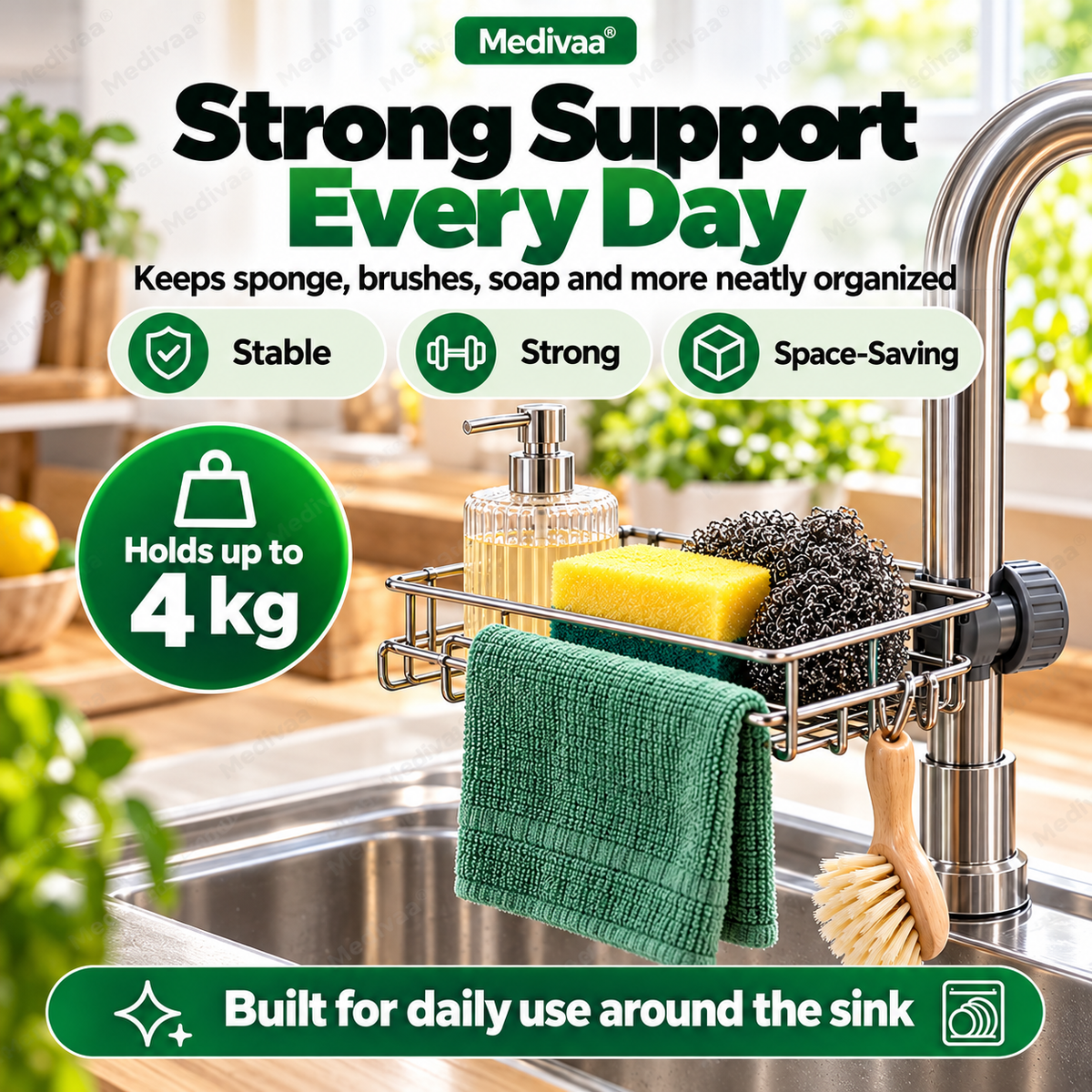 Stainless steel storage rack for the kitchen sink