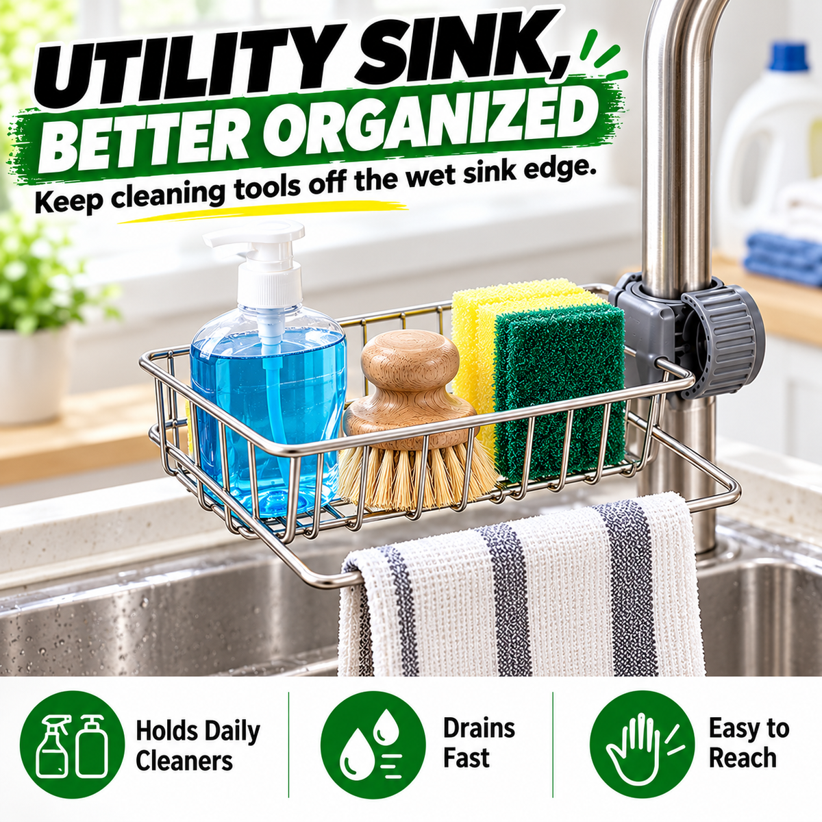 Stainless steel storage rack for the kitchen sink