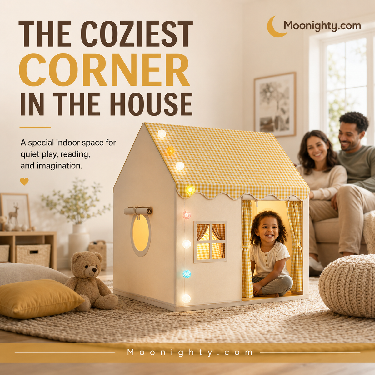 🎁50% OFF NOW! Dream Kids Play Tent House – Cozy Indoor Playhouse with Checkered Curtain, Private Play Space for Toddlers, Cute Reading Nook & Gift for Children