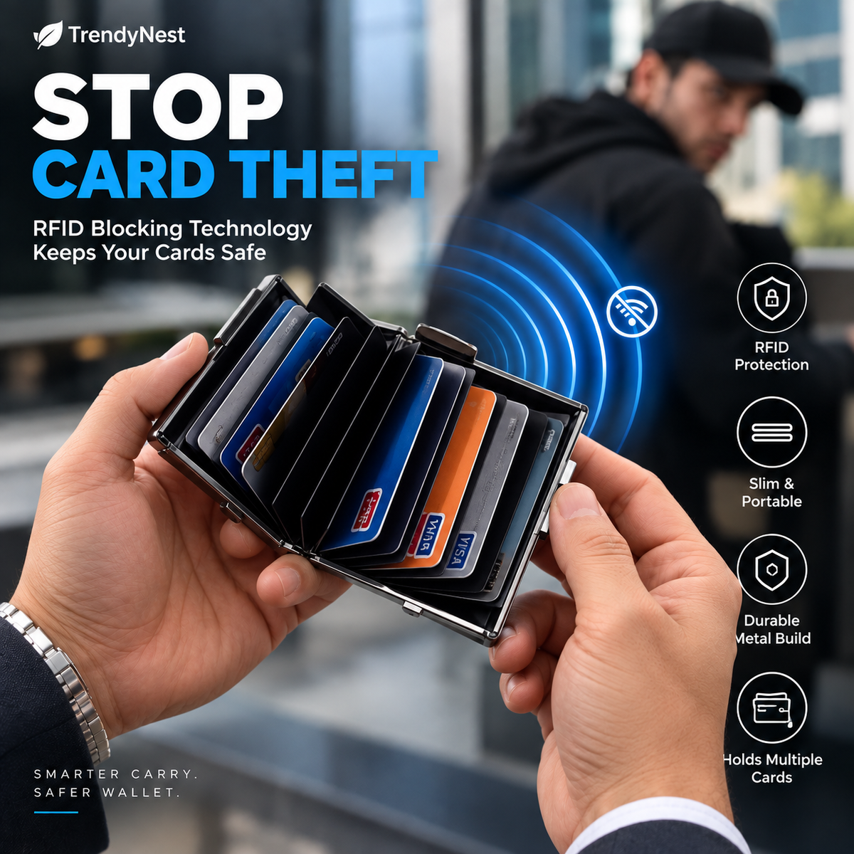 RFID Blocking Stainless Steel Card Holder, Slim Portable Anti‑Theft Metal Credit Card Case
